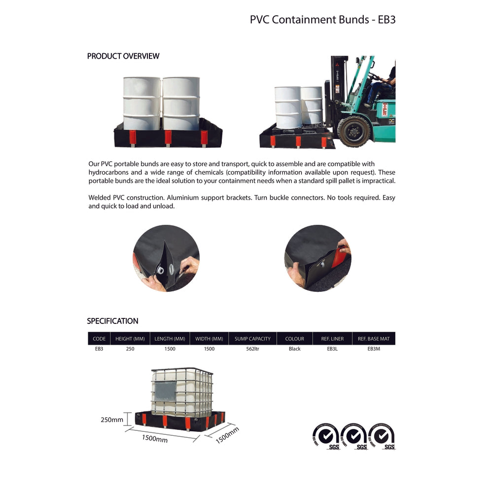 EB3 Portable Collapsible Containment Bund - 1500x1500x250mm Portable Collapsible > Bund > Spill Containment > Spill Control > Romold > One Stop For Safety