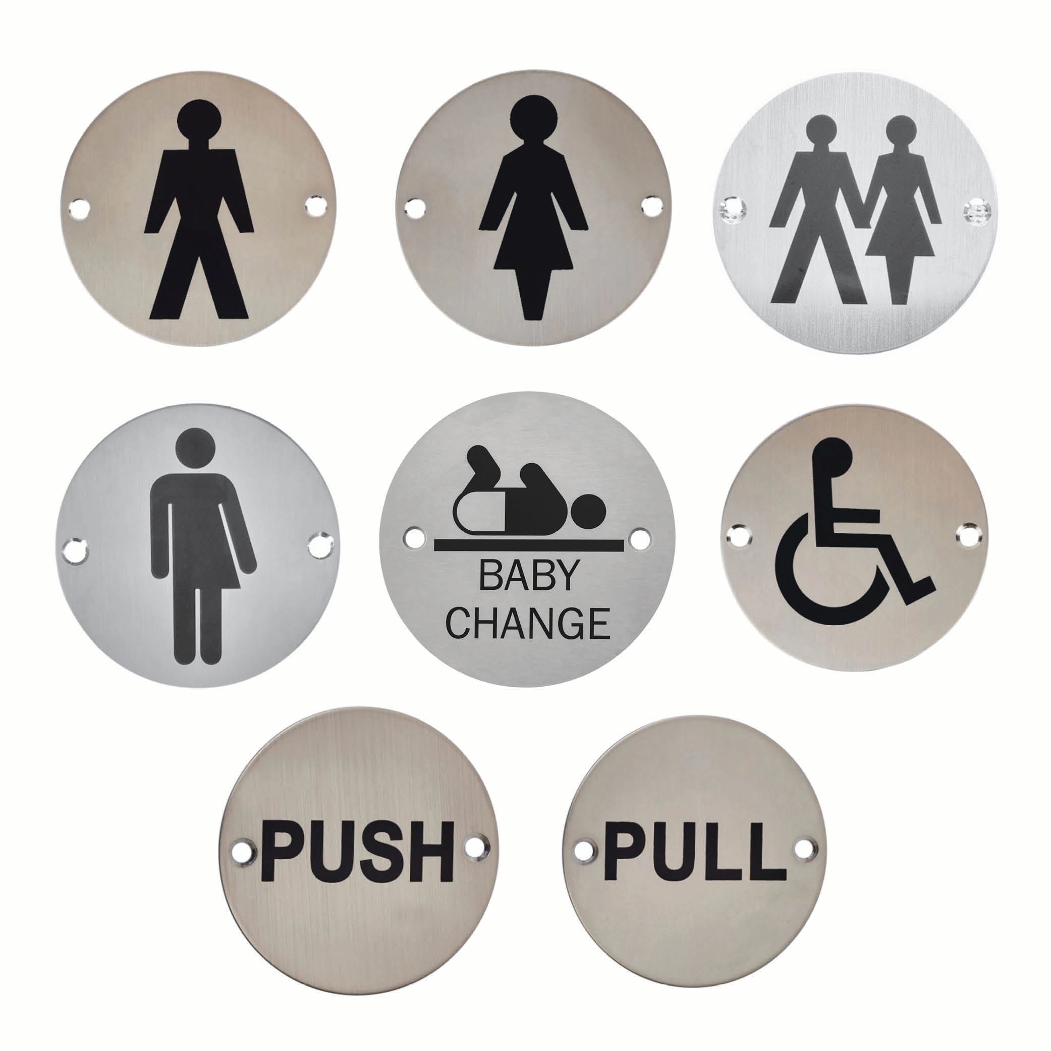 76mm Diameter Baby Change Symbol & Text Sign in Satin Stainless Steel Hardware > Door Signs > Safety Signs > 76mm > One Stop For Safety   