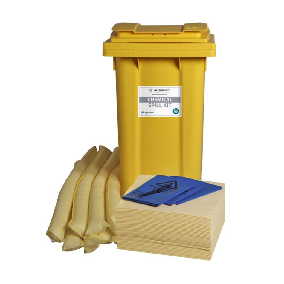 120 Litre Spill Kit for Chemical Spills in Yellow Wheelie Bin Spill Response Kits > Absorbents > Spill Containment > Spill Control > Spill Defence > One Stop For Safety   