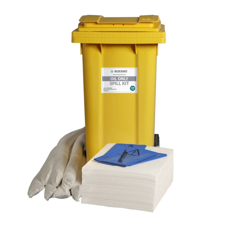 120 Litre Spill Kit for Oil Spills in Yellow Wheelie Bin Spill Response Kits > Absorbents > Spill Containment > Spill Control > Spill Defence > One Stop For Safety   