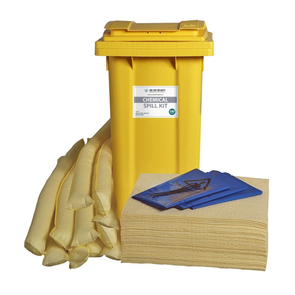 240 Litre Spill Kit for Chemical Spills in Yellow Wheelie Bin Spill Response Kits > Absorbents > Spill Containment > Spill Control > Spill Defence > One Stop For Safety   
