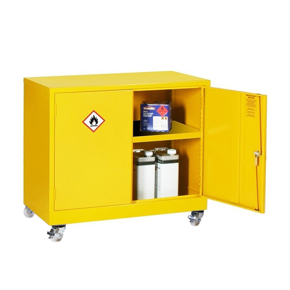 Mobile Hazardous Storage Safety Cabinet in Yellow with 1 Shelf 840x915x457mm Storage Lockers > Lockers > Cabinets > Storage > Probe > One Stop For Safety