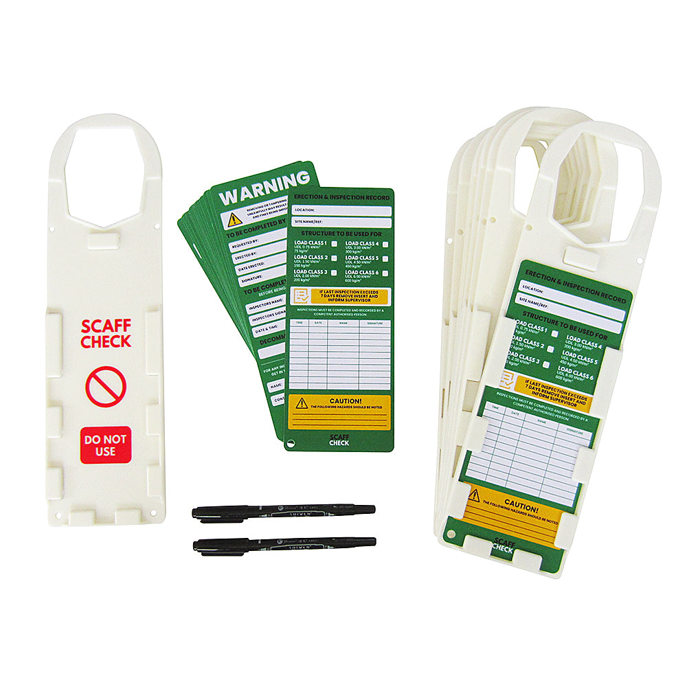 Scaffold Check Inspection Tag Kit - 10 Holders, 20 Double Sided Inserts and 2 Marker Pens - 5 Boxes Scaffold > Scaffold Inspection Kits > Tags > Holders One Stop For Safety