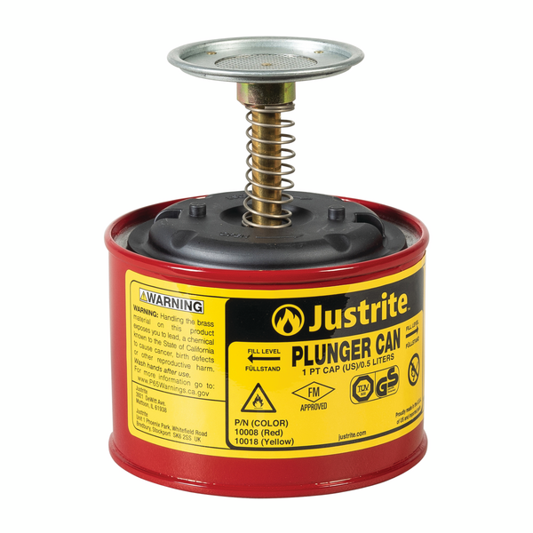Justrite 0.5 Litre Steel Plunger Safety Can with 70mm Dasher Spill Pallet > Absorbents > Spill Containment > Spill Control > Romold > One Stop For Safety   
