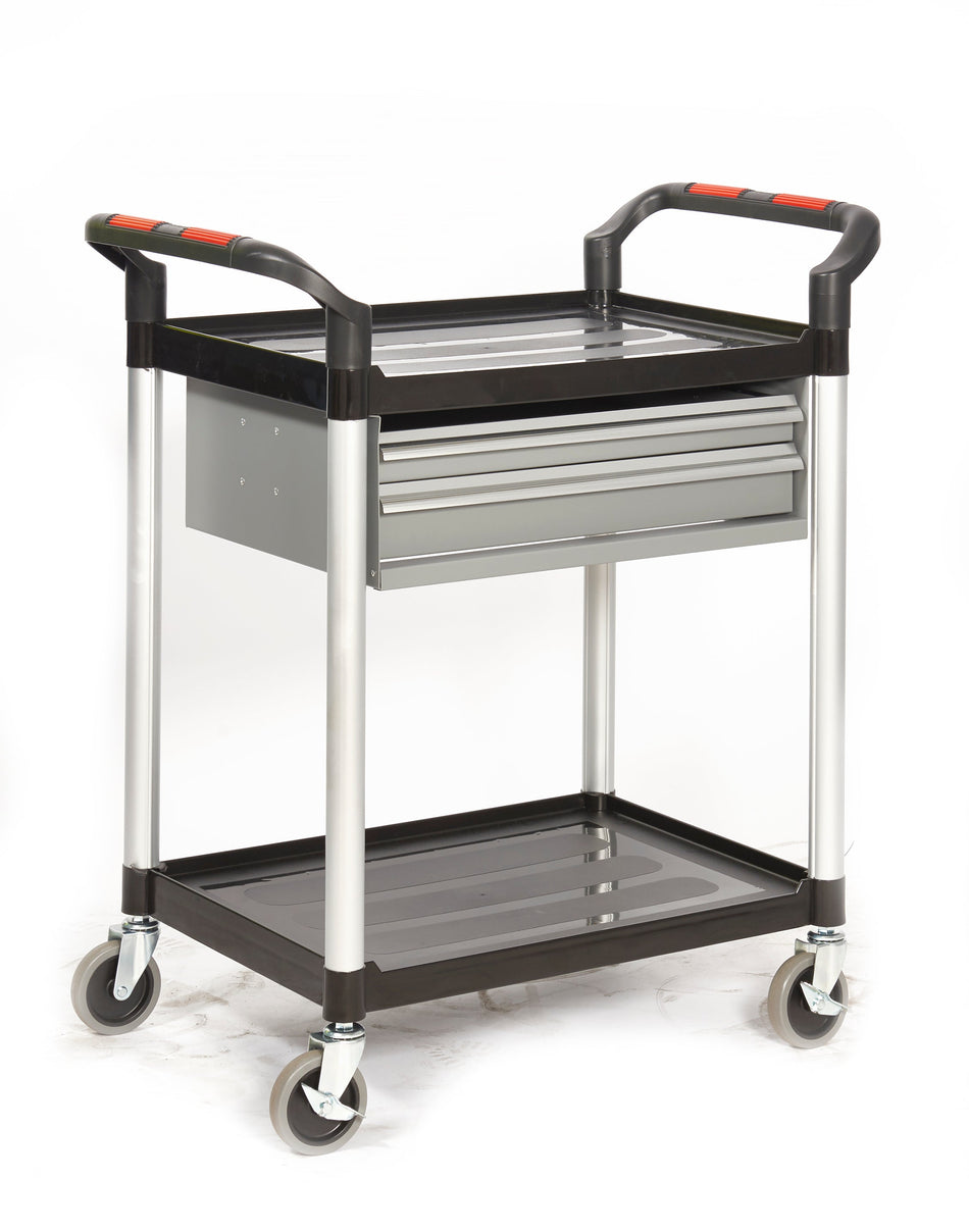HI292Y Proplaz Multi Purpose Mobile Trolley with 2 Shelves & 2 Lockable Steel Draws Cleaning Trolleys > Janitorial > Catering > Cleaning > One Stop For Safety   