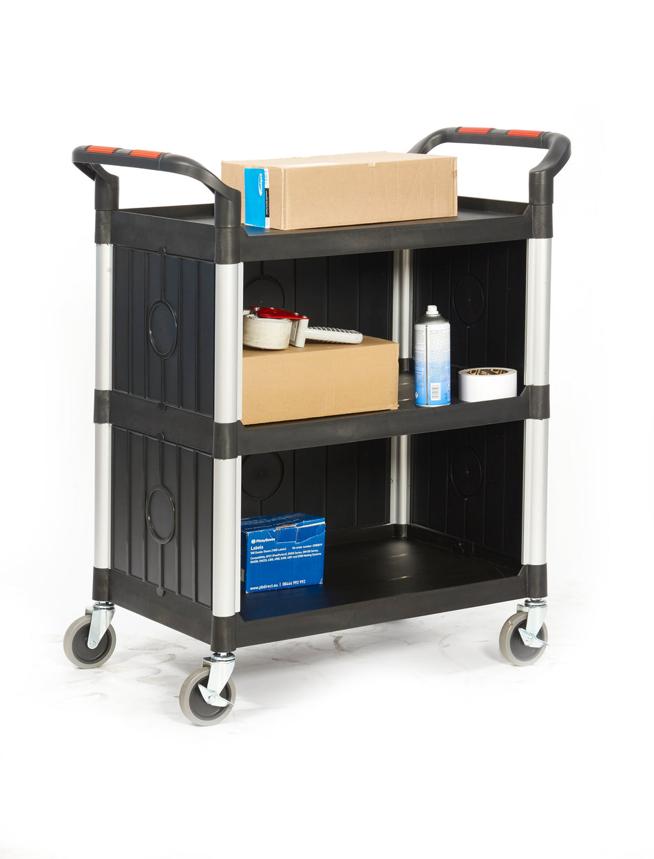 HI346Y Proplaz Multi Purpose Mobile Trolley with 3 Shelves & Enclosed Sides Cleaning Trolleys > Janitorial > Catering > Cleaning > One Stop For Safety   