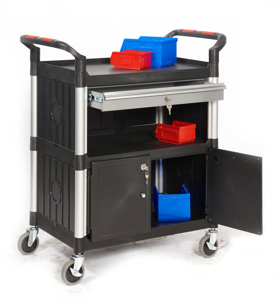 HI393Y Proplaz Multi Purpose Mobile Trolley with 3 Shelves, Lockable Steel Draw & Cupboard Cleaning Trolleys > Janitorial > Catering > Cleaning > One Stop For Safety   