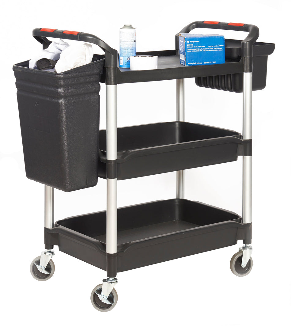 HIT32Y Proplaz Plus Multi Purpose Mobile Trolley with 3 Deep Shelves & Side Buckets Cleaning Trolleys > Janitorial > Catering > Cleaning > One Stop For Safety   