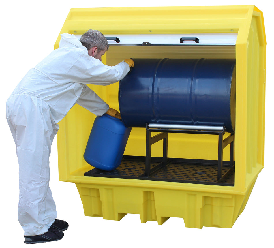 BP2HCH Hard Covered Drum Spill Pallet with Lockable Roller Shutter Door & Horizontal Drum Dispensing Stand Spill Pallet > Covered Spill Pallet Bunds > Spill Containment > Spill Control > Romold > One Stop For Safety   