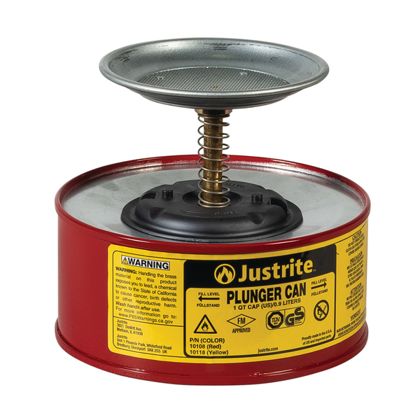 Justrite 1.0 Litre Steel Plunger Safety Can with 128mm Dasher Spill Pallet > Absorbents > Spill Containment > Spill Control > Romold > One Stop For Safety   