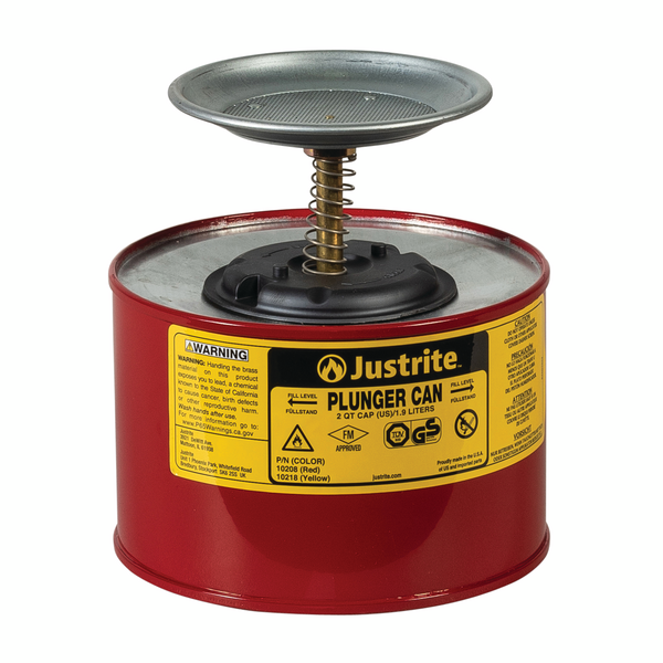 Justrite 2.0 Litre Steel Plunger Safety Can with 128mm Dasher Spill Pallet > Absorbents > Spill Containment > Spill Control > Romold > One Stop For Safety   