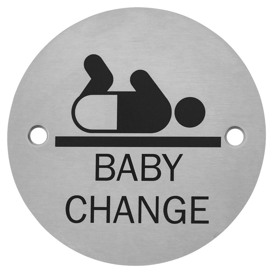 76mm Diameter Baby Change Symbol & Text Sign in Satin Stainless Steel Hardware > Door Signs > Safety Signs > 76mm > One Stop For Safety   