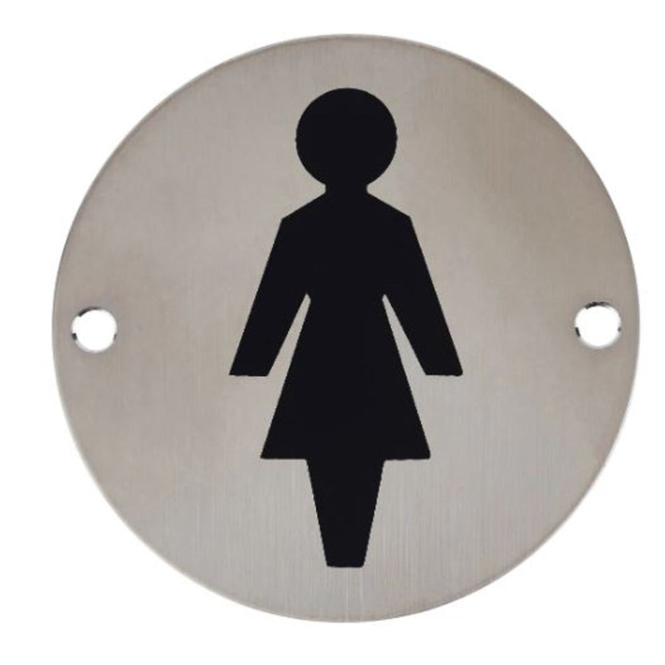 76mm Diameter Ladies Symbol Sign in Satin Stainless Steel Hardware > Door Signs > Safety Signs > 76mm > One Stop For Safety   